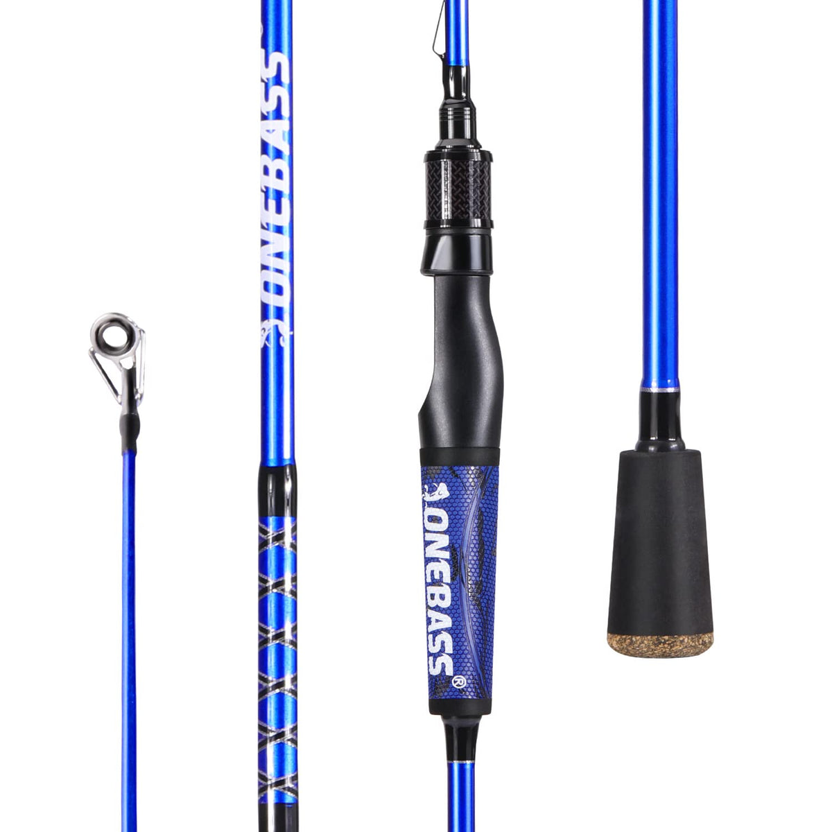 One Bass fishing rod blank close-up shows lightweight IM7 graphite strength for sensitive feel.
