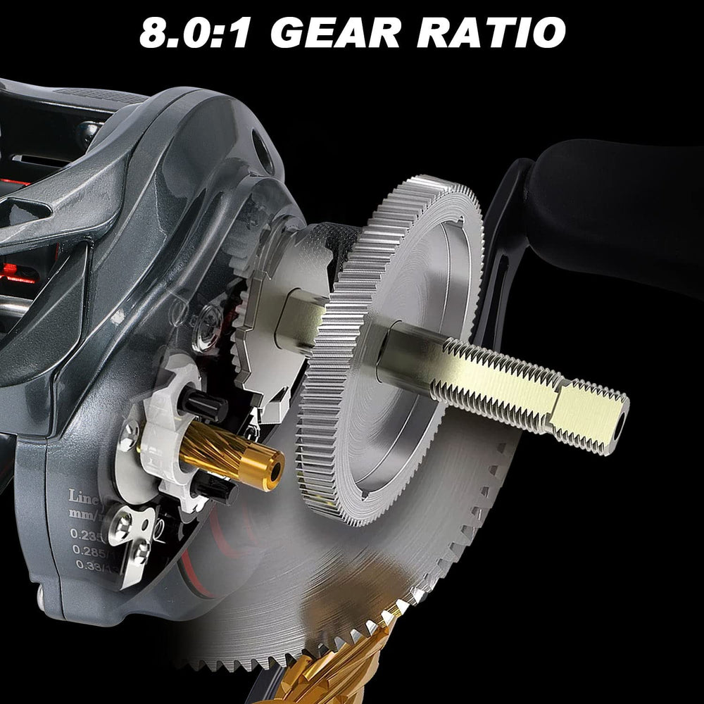 One Bass max baitcasting reel 8:1 gear ratio enables fast retrieves.