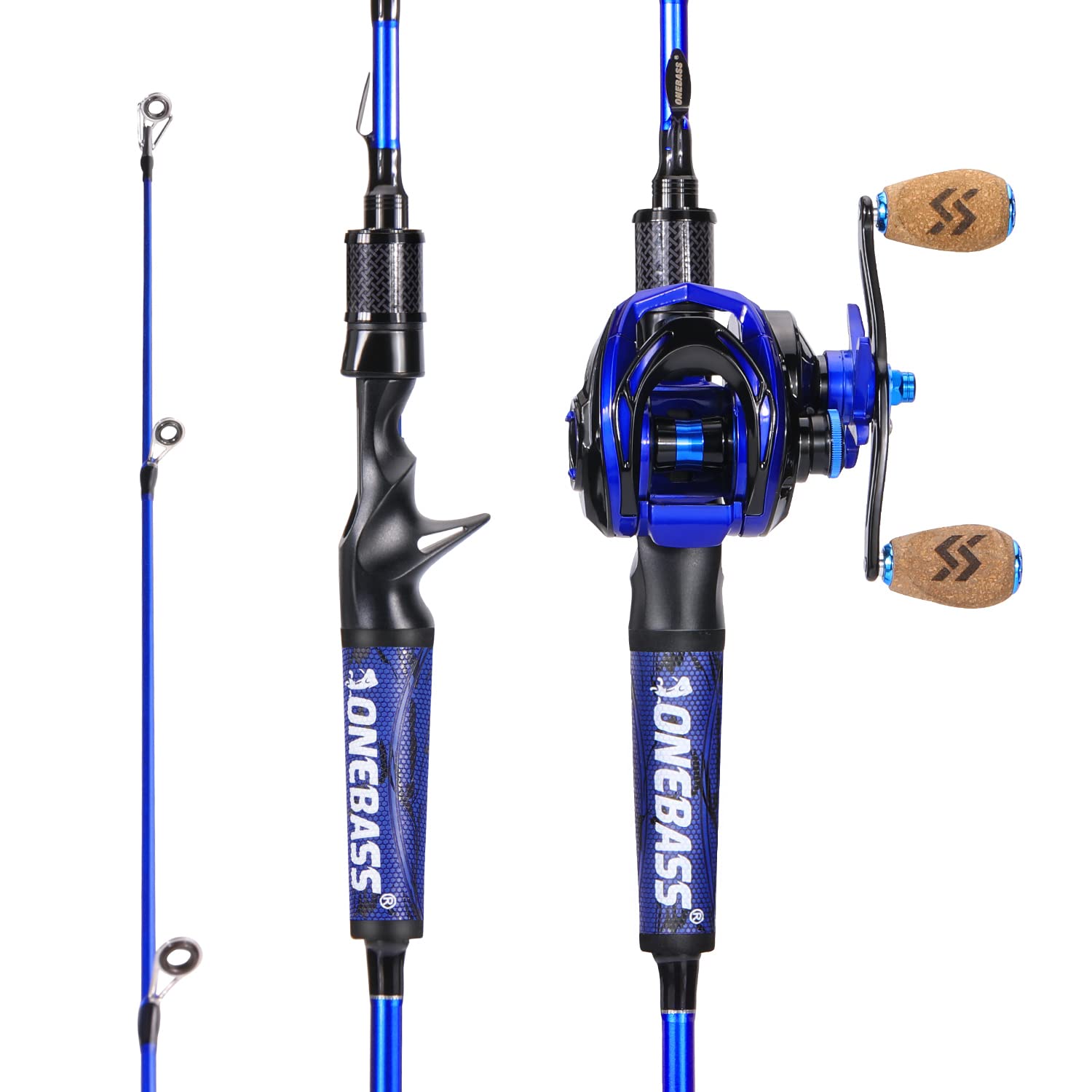 One Bass rod-reel combo in blue 6ft casting with right-handed reel for precise casting.