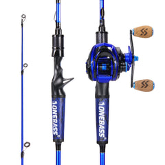 One Bass rod-reel combo in blue 6ft casting with right-handed reel for precise casting.