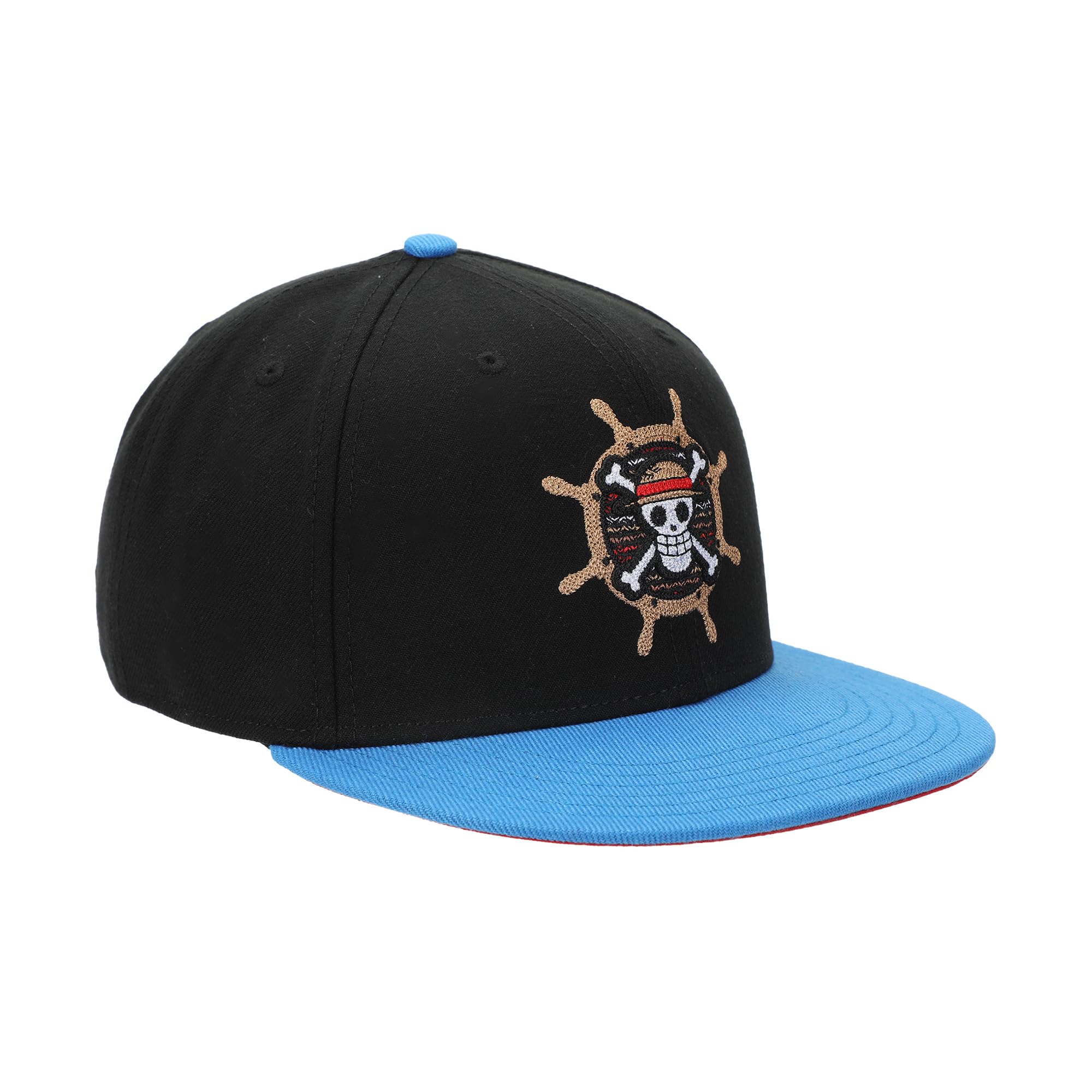 Blue bill detail on black snapback hat