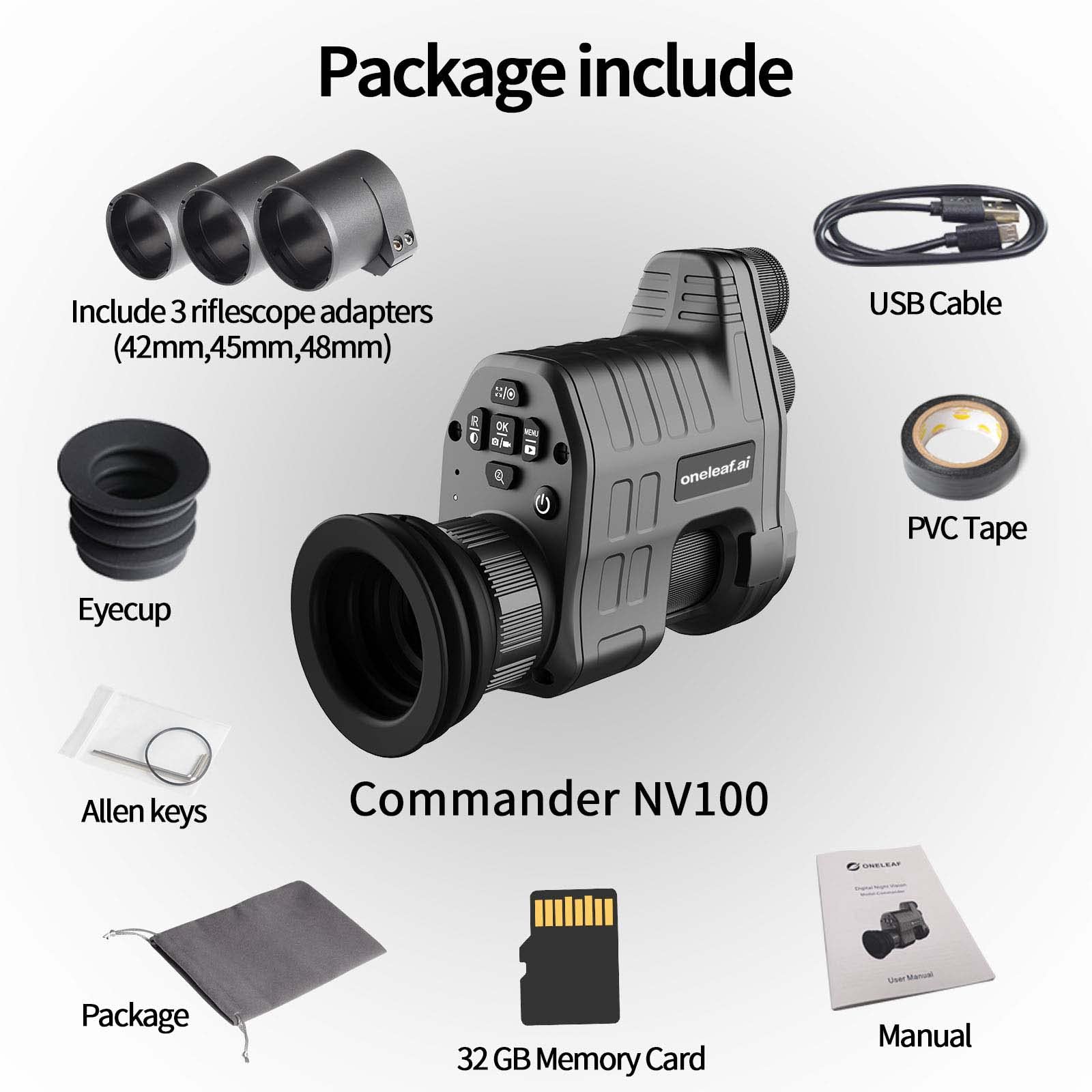 oneleaf.ai NV100 parallax-fit scope compatibility for specific distances.