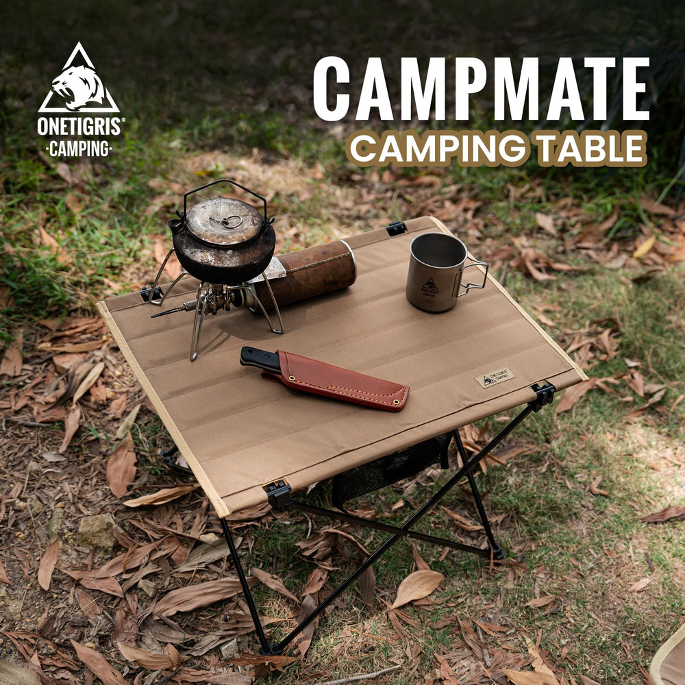 ONETIGRIS CampMate table legs extended for stable support on uneven ground.