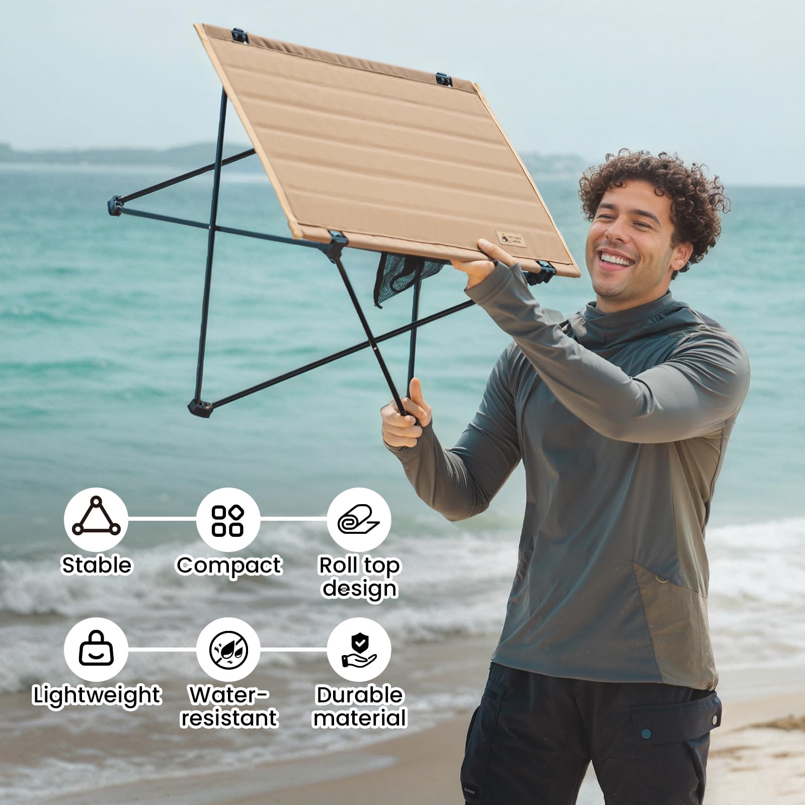 ONETIGRIS CampMate table with side mesh pockets for phone and power bank storage.