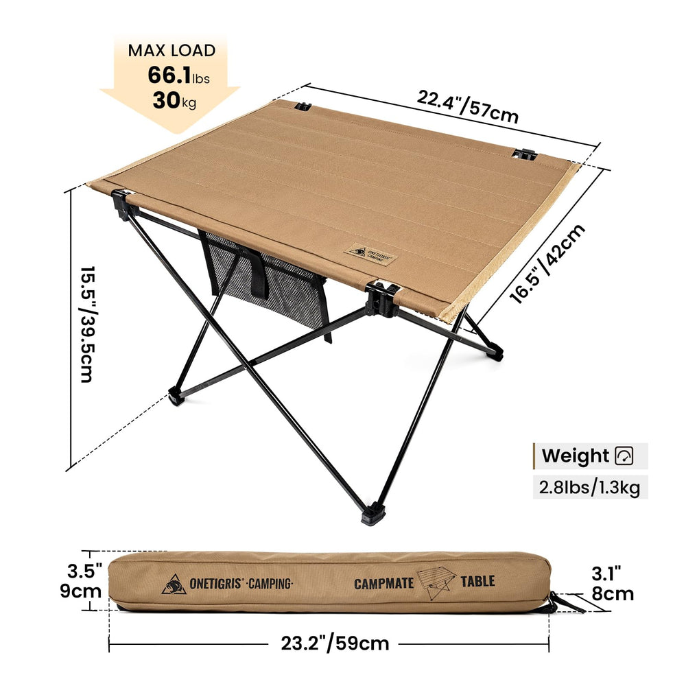 ONETIGRIS CampMate table top setup shows large work surface for cooking or gear.