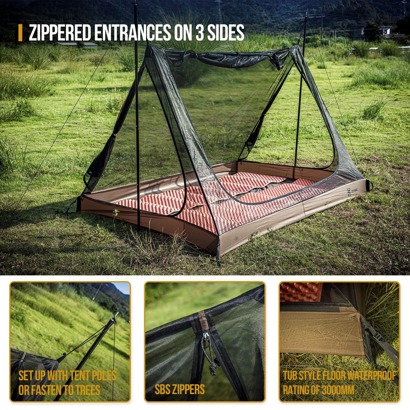 OneTigris 2-person mesh tent dimensions illustration with generous space for gear