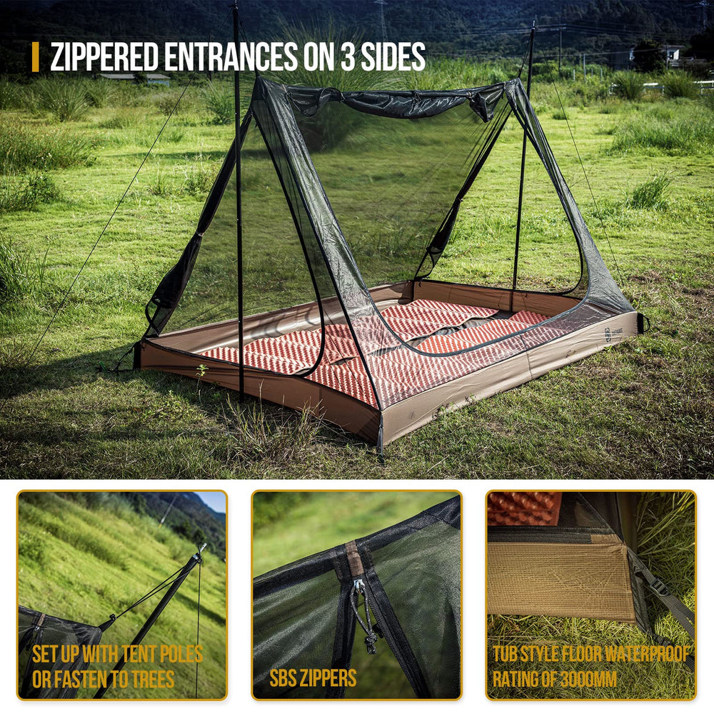 OneTigris 2-person mesh tent dimensions illustration with generous space for gear