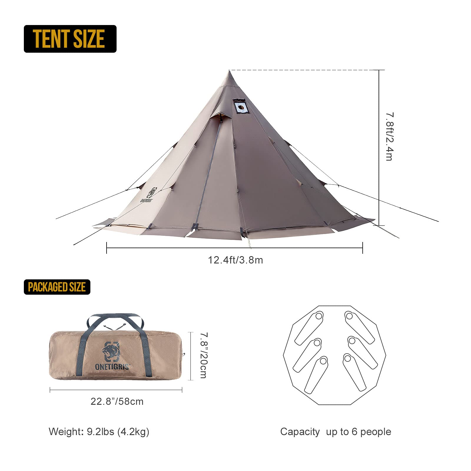OneTigris teepee tent with stove jack detail for warm camping setups.