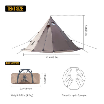 OneTigris teepee tent with stove jack detail for warm camping setups.