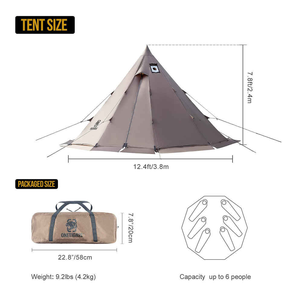 OneTigris teepee tent with stove jack detail for warm camping setups.