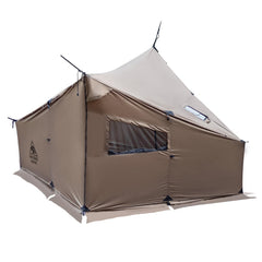 OneTigris COZSHACK hot tent exterior shows rugged shelter for family camping in cold conditions.