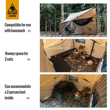 OneTigris COZSHACK setup versatility supports trees, poles, or tailgate use.