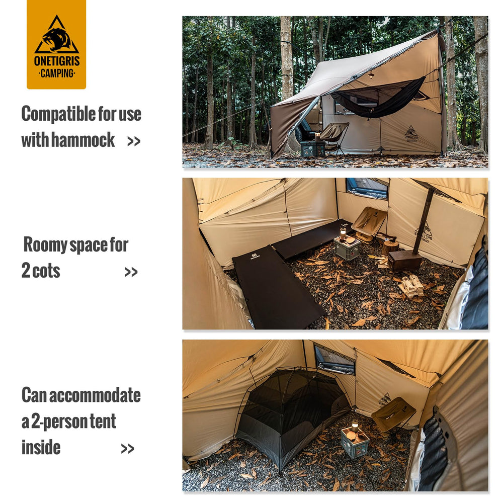 OneTigris COZSHACK setup versatility supports trees, poles, or tailgate use.