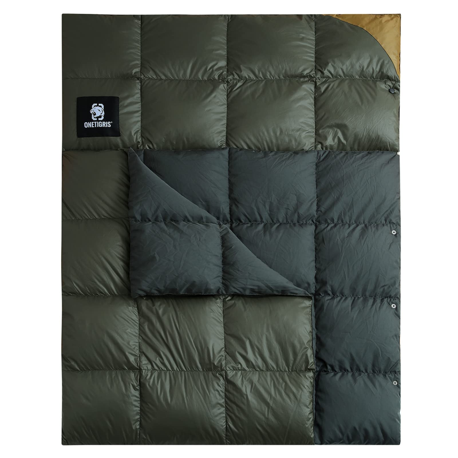OneTigris down camping blanket used as top-quilt in a tent for extra warmth.