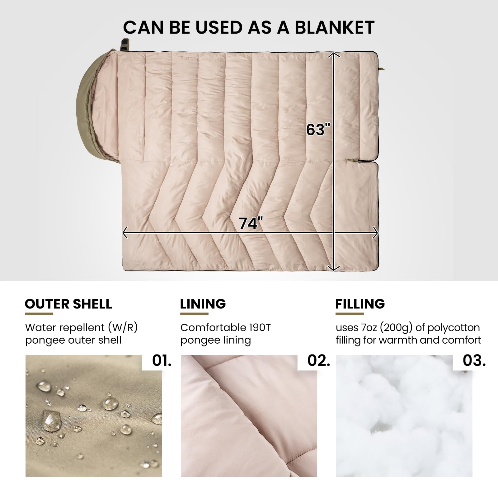 OneTigris Envelope sleeping bag dimensions show spacious room for adults and kids.