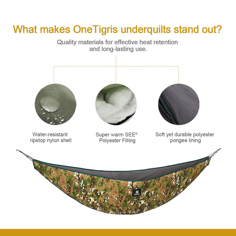 OneTigris Hideout Underquilt dimensions demonstrate full hammock coverage