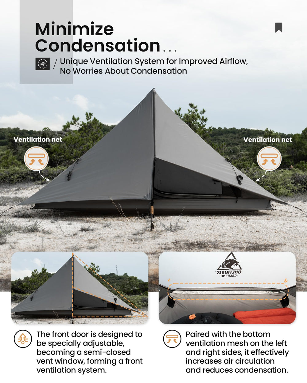OneTigris HillRidge tent interior shows mesh pockets for organized gear.