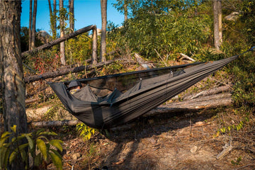 OneTigris KOMPOUND tree-friendly straps protecting bark during setup