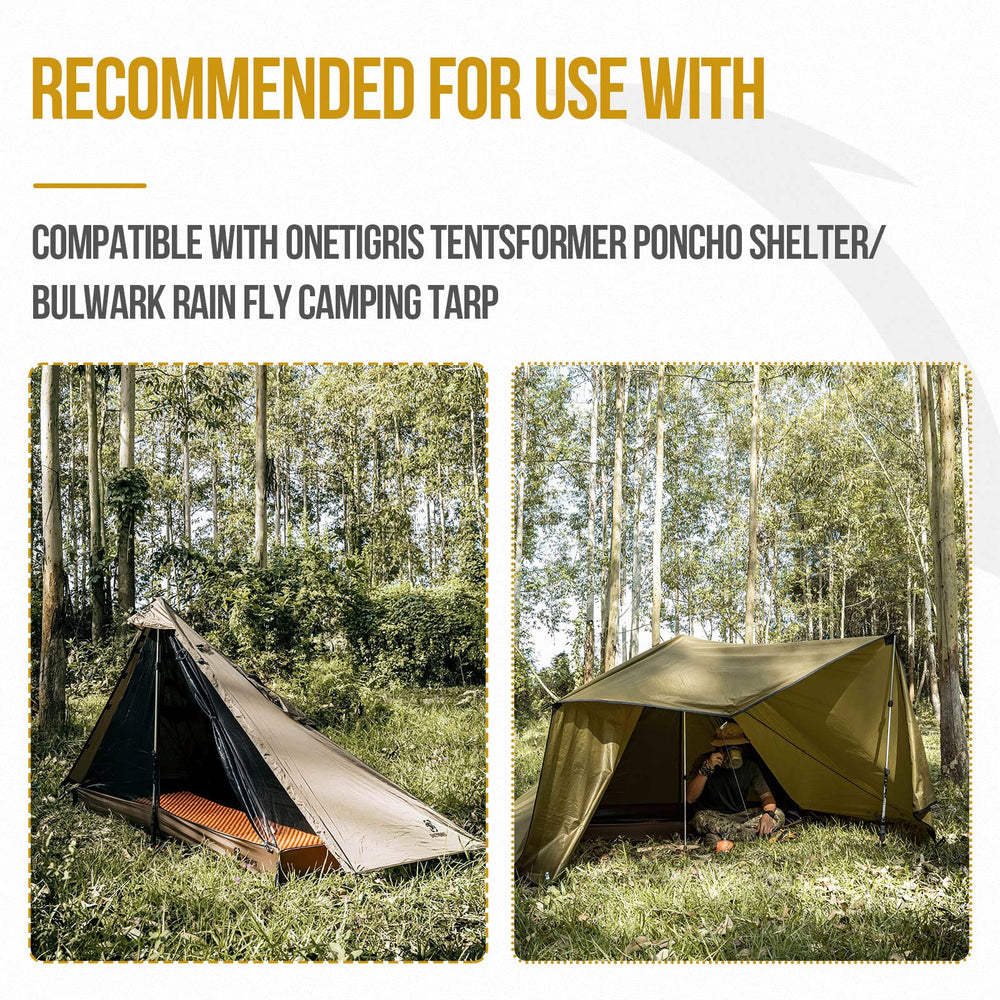 ONETIGRIS mesh teepee tent quick-setup corners for taut setup in wind.