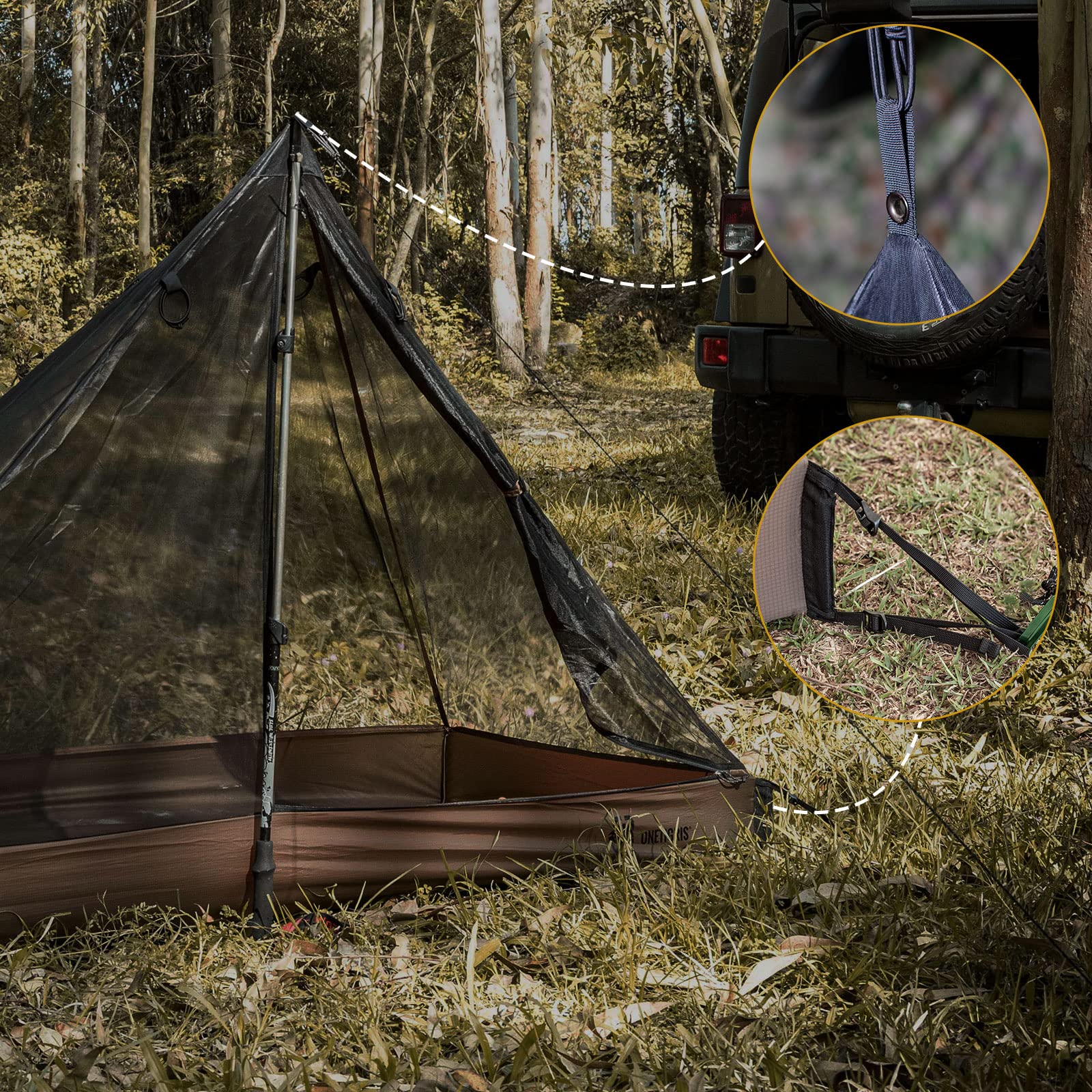 ONETIGRIS mesh teepee tent top cord compatibility with tarps and shelters.
