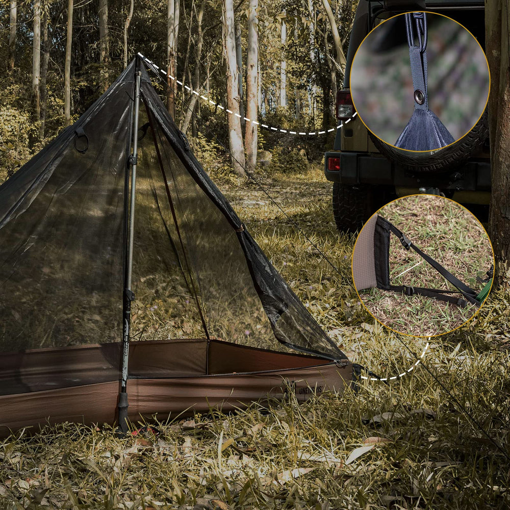 ONETIGRIS mesh teepee tent top cord compatibility with tarps and shelters.