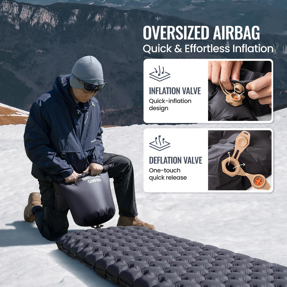 ONETIGRIS Noblejade insulated sleeping pad dual valves enable easy inflation and quick deflation.