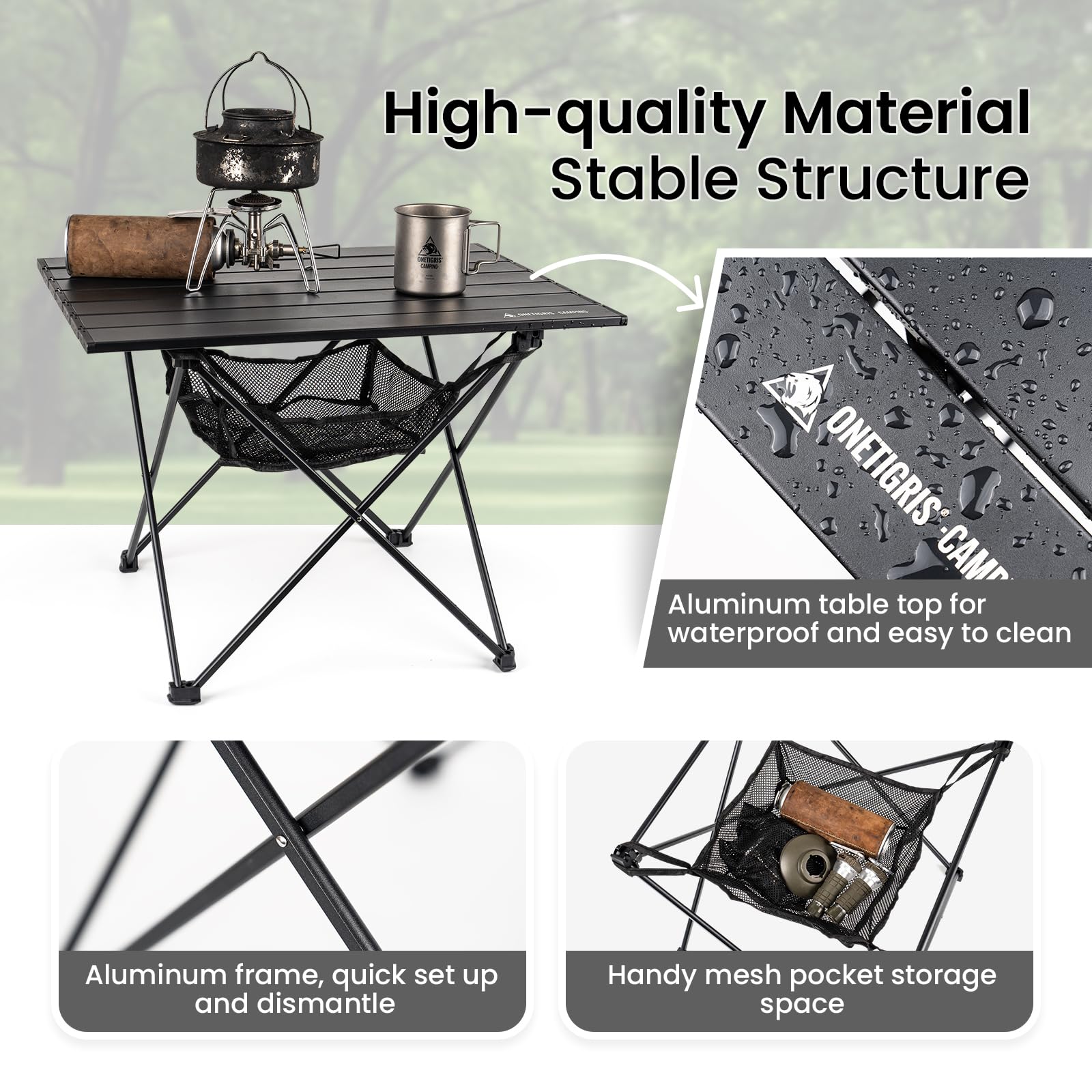 ONETIGRIS portable camping table in use at campsite supports meals and gear.