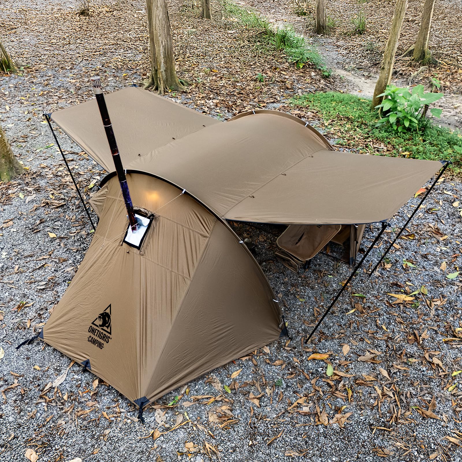 OneTigris Raven Nest stove jack interior setup enables safe winter stove use.