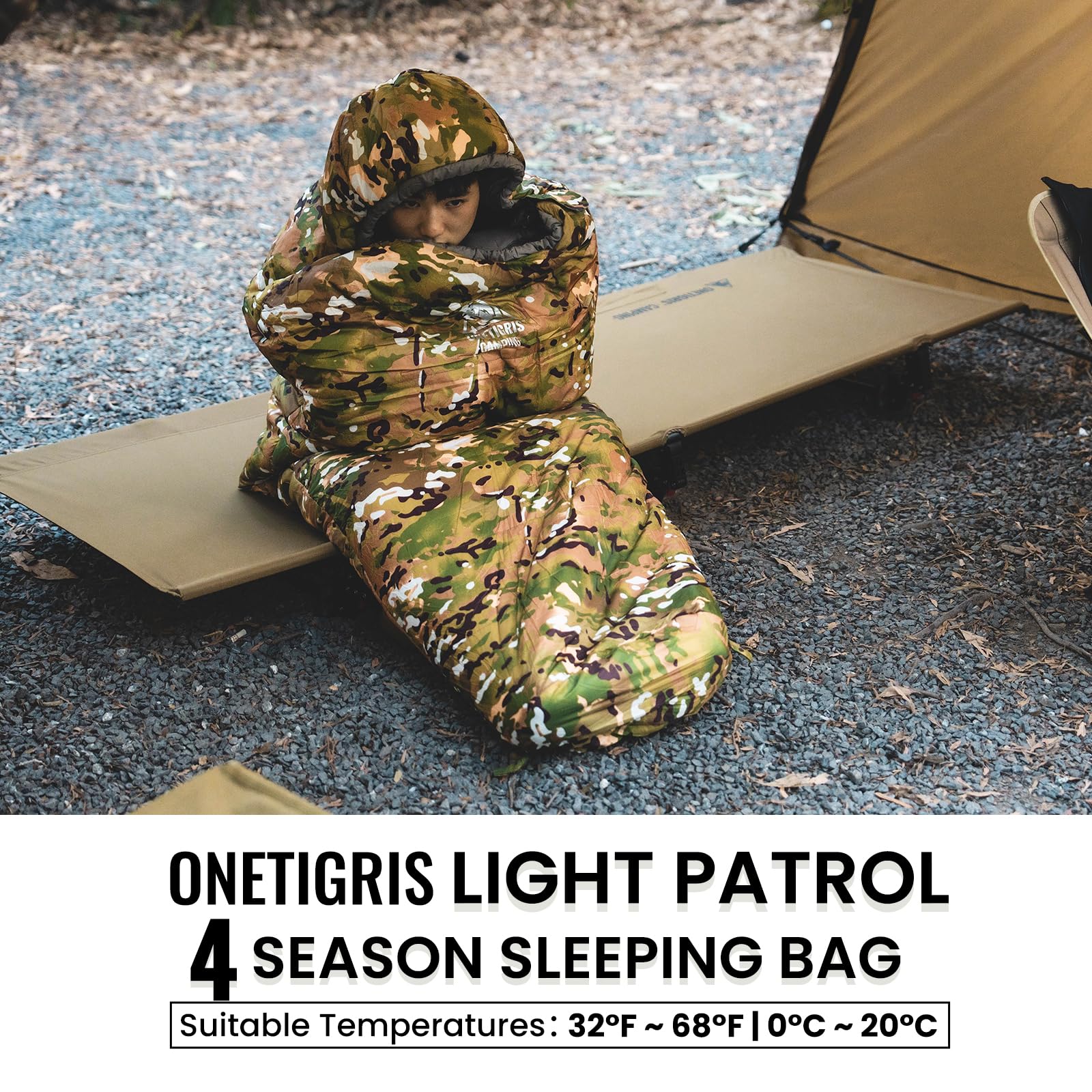 OneTigris sleeping bag 32°F to 68°F rating for outdoor comfort.