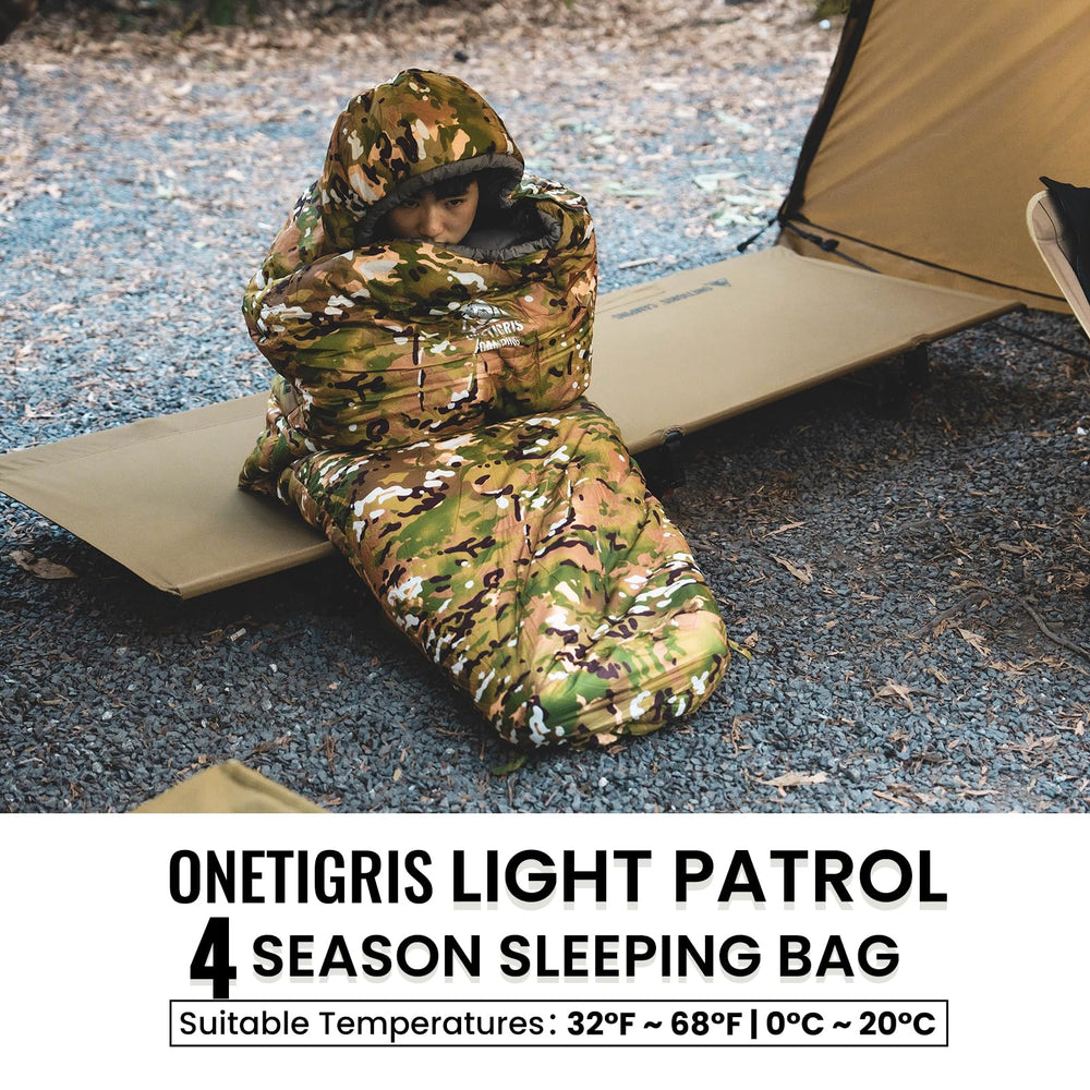 OneTigris sleeping bag 32°F to 68°F rating for outdoor comfort.