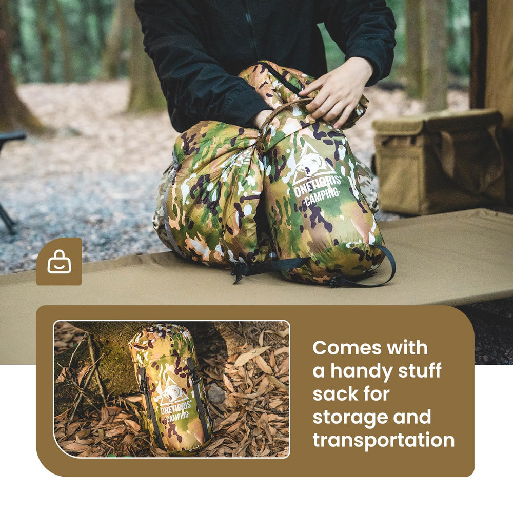 OneTigris sleeping bag in use on a camping trip.