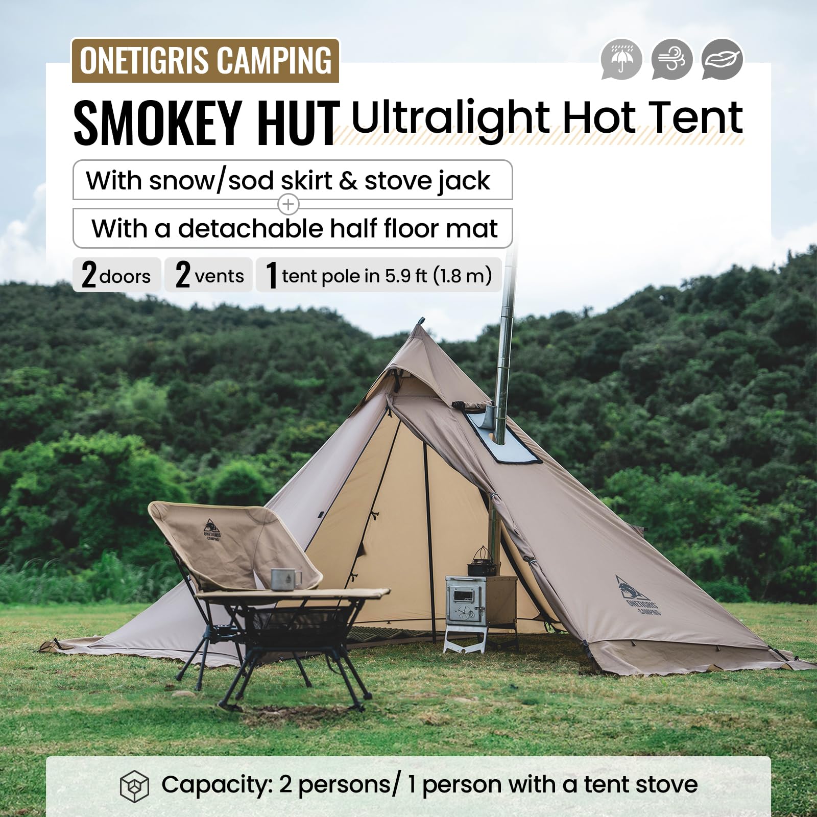 OneTigris Smokey HUT stove jack setup for safe camp cooking.