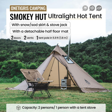 OneTigris Smokey HUT stove jack setup for safe camp cooking.