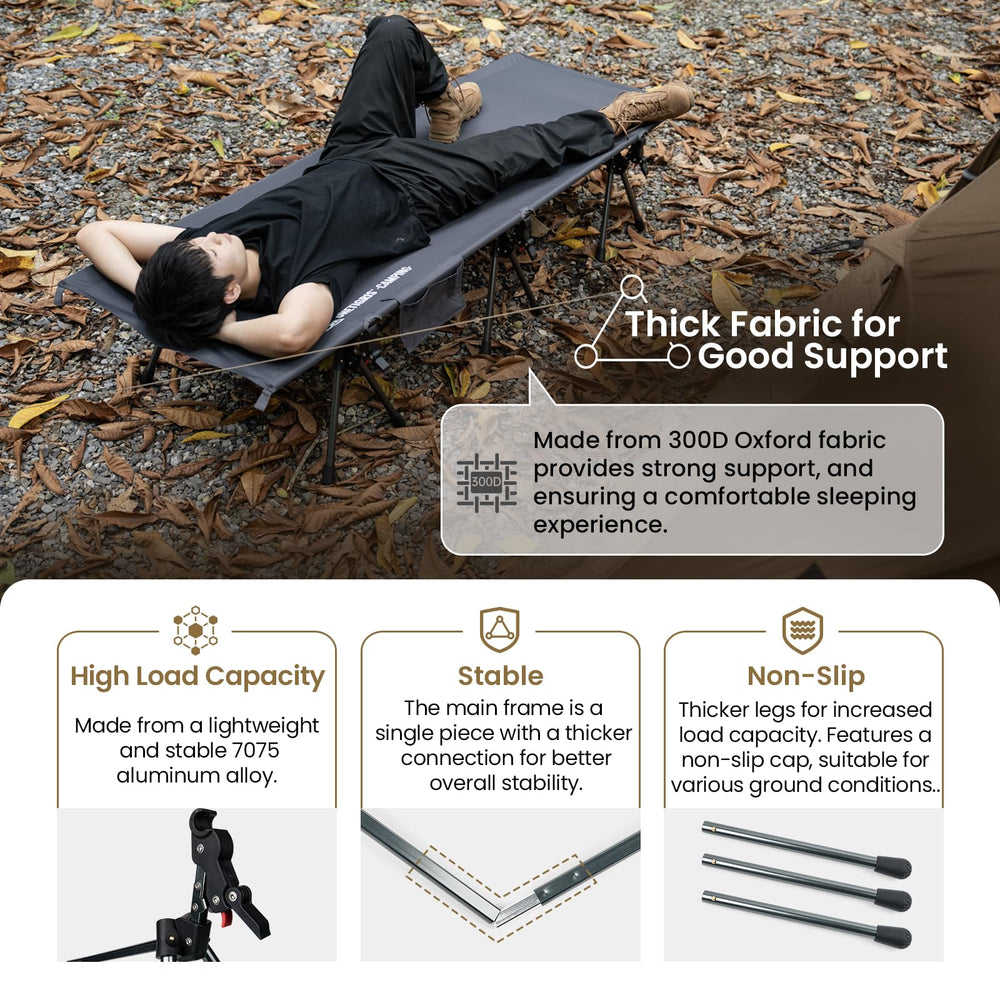 ONETIGRIS Supranubis camping cot extended legs provide stability on uneven ground.