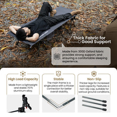 ONETIGRIS Supranubis camping cot extended legs provide stability on uneven ground.