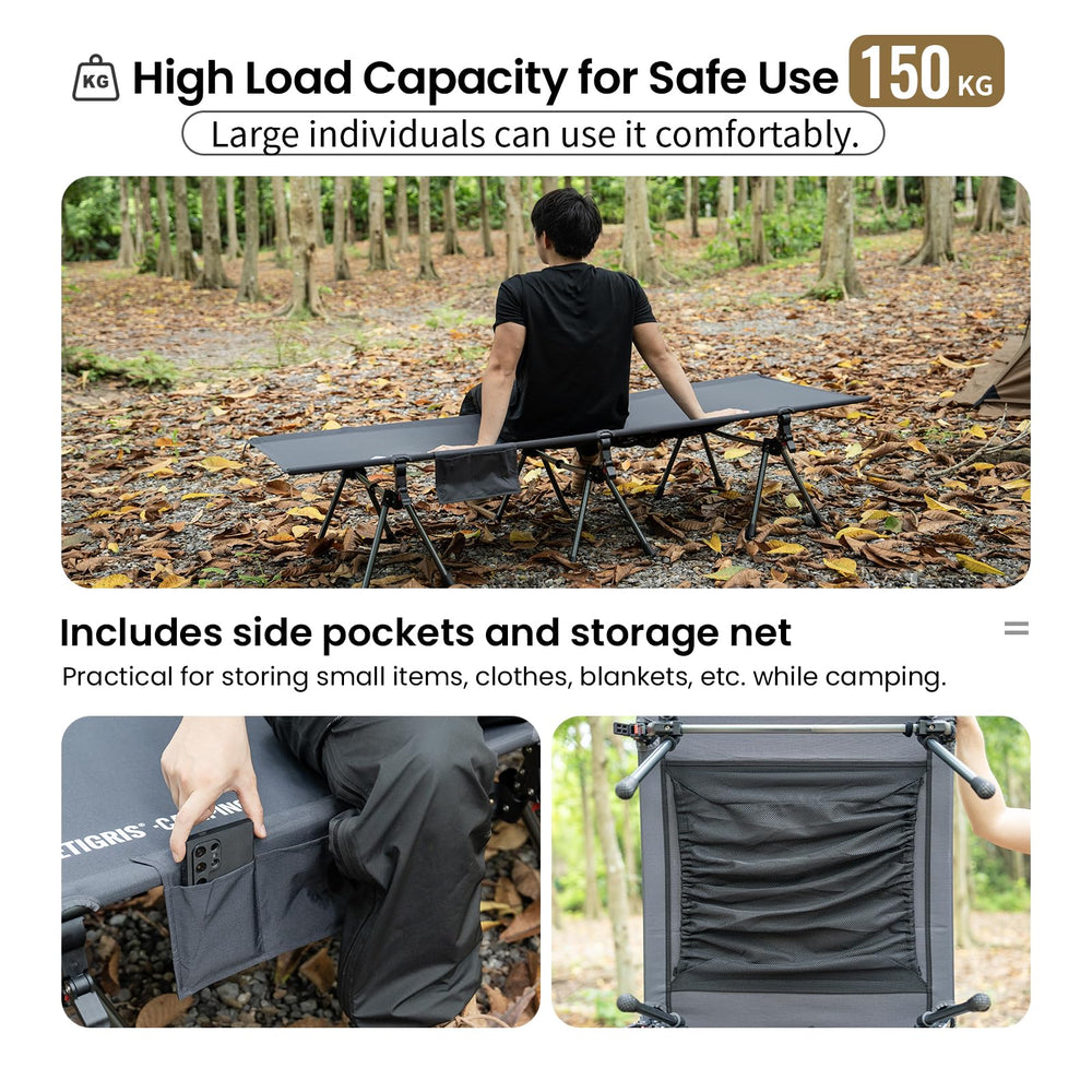 ONETIGRIS Supranubis camping cot side pocket keeps essentials within reach.