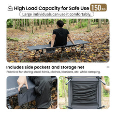 ONETIGRIS Supranubis camping cot side pocket keeps essentials within reach.