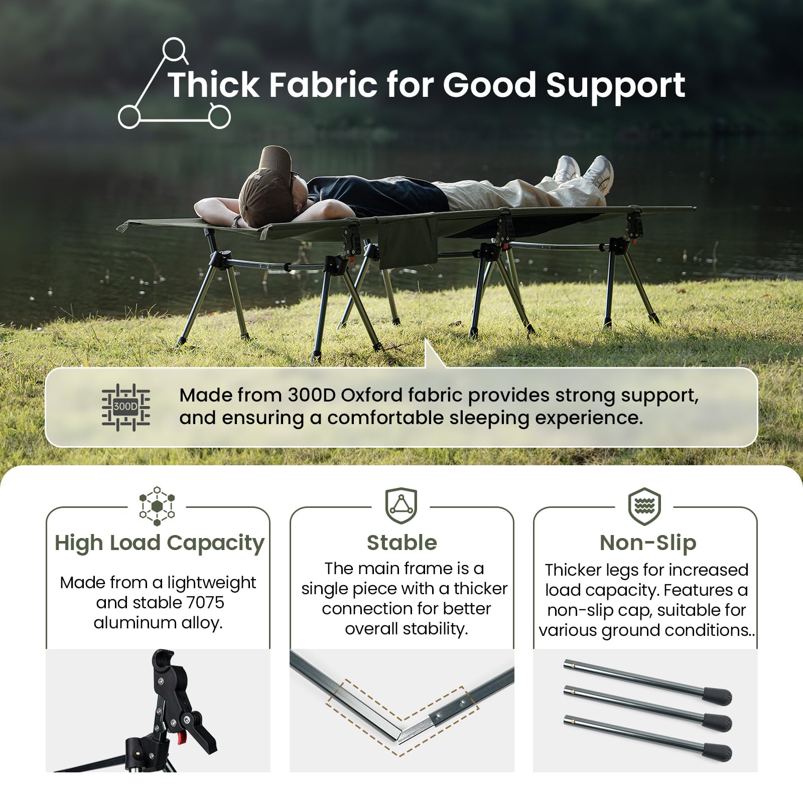 ONETIGRIS Supranubis cot leg extensions provide stable support on uneven terrain