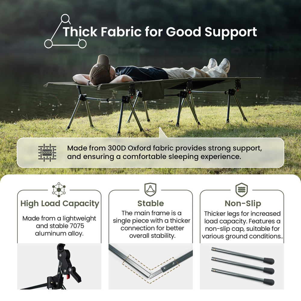 ONETIGRIS Supranubis cot leg extensions provide stable support on uneven terrain