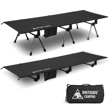 ONETIGRIS SUPRANUBIS camping cot ready for setup with stable aluminum frame for comfortable sleeping.
