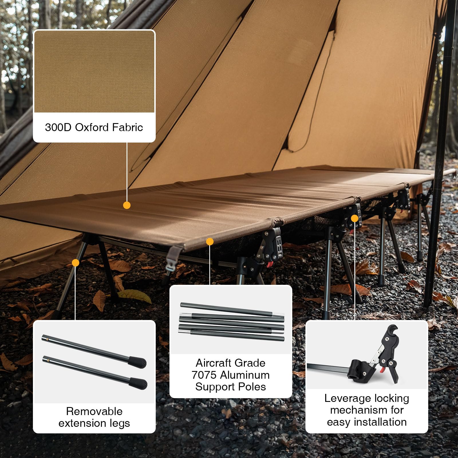 ONETIGRIS SUPRATIROS cot with 16 anti-slip legs for stable ground contact.