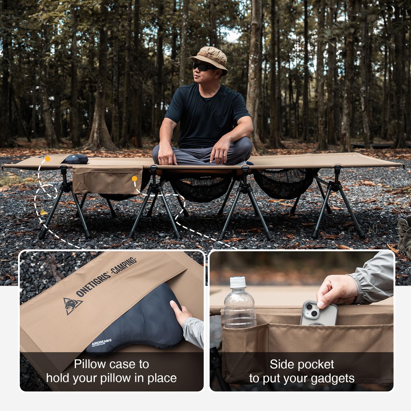 ONETIGRIS SUPRATIROS cot folds into a compact storage bag for travel.