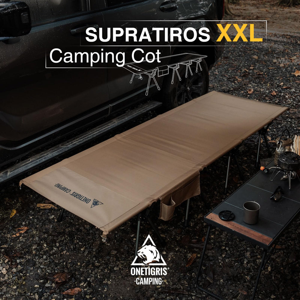 ONETIGRIS SUPRATIROS cot shows convenient utility pockets beneath for storage.
