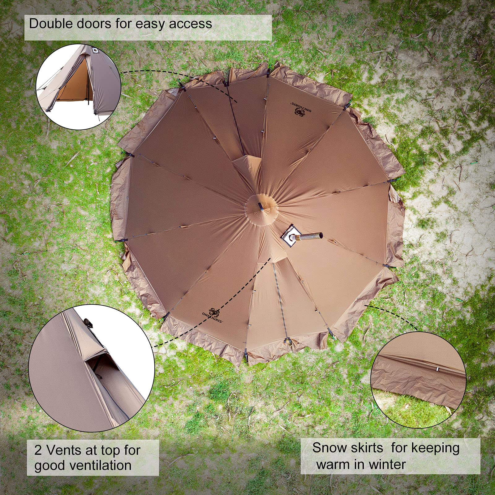 OneTigris teepee tent double doors for easy entry and fresh-air ventilation.