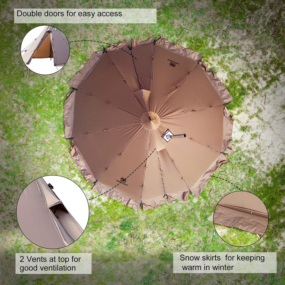 OneTigris teepee tent double doors for easy entry and fresh-air ventilation.