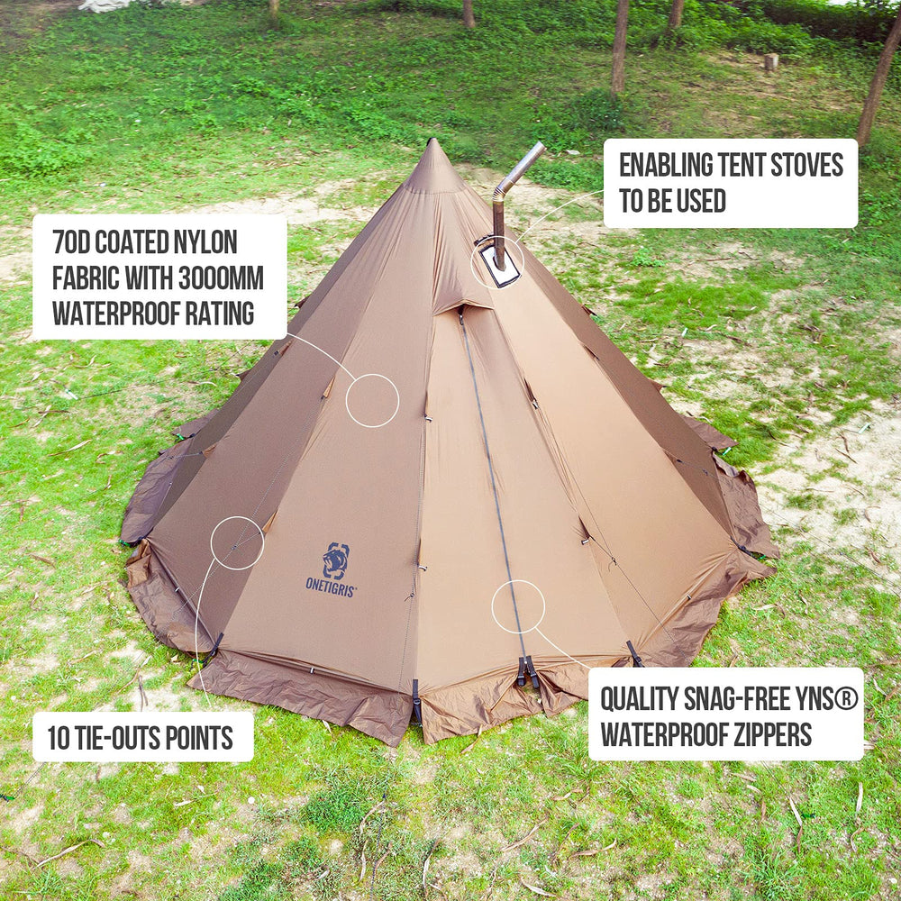 OneTigris teepee tent wind skirt close-up emphasizing heat retention in cold weather.
