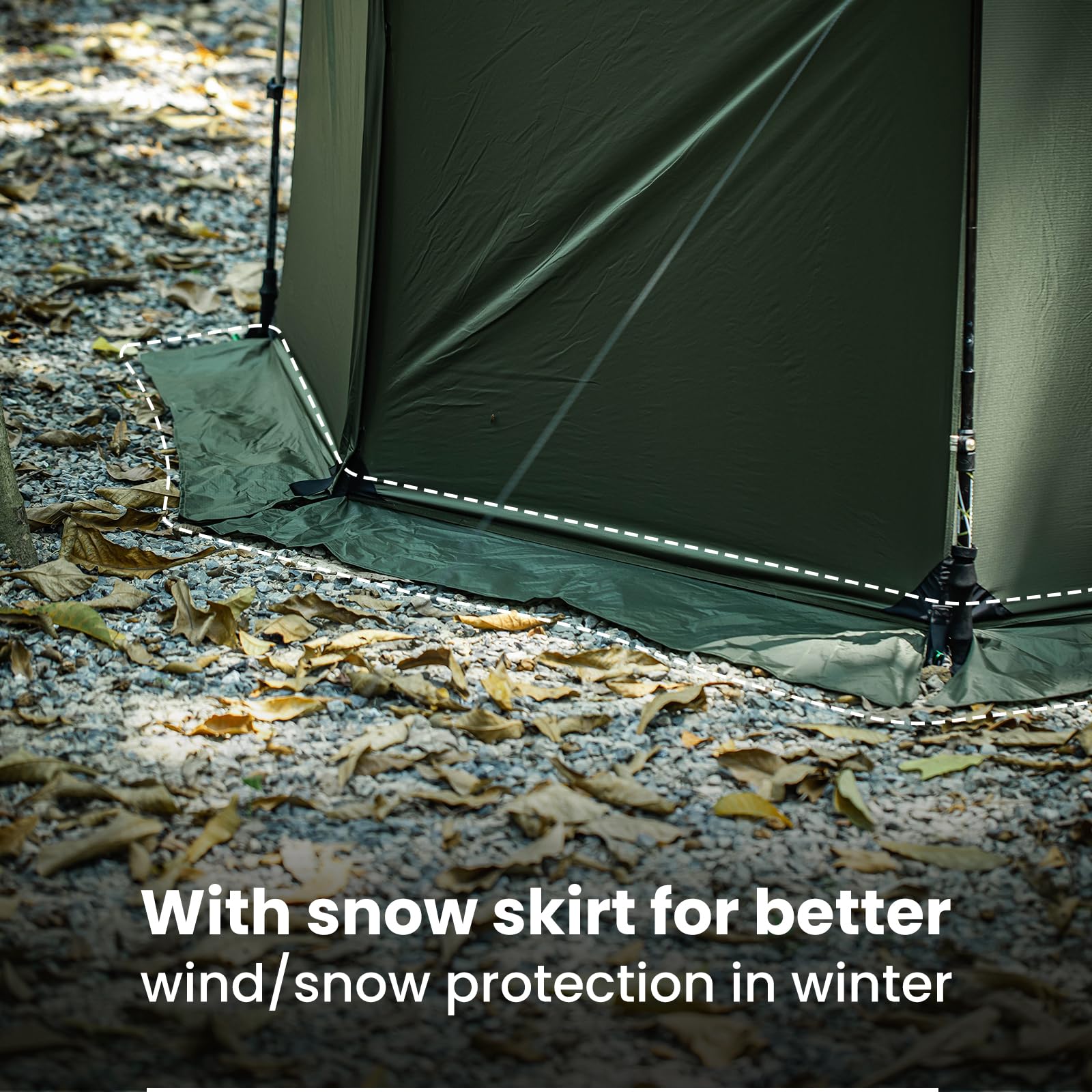 OneTigris Tegimen windproof sod skirt adds heat retention and protection.