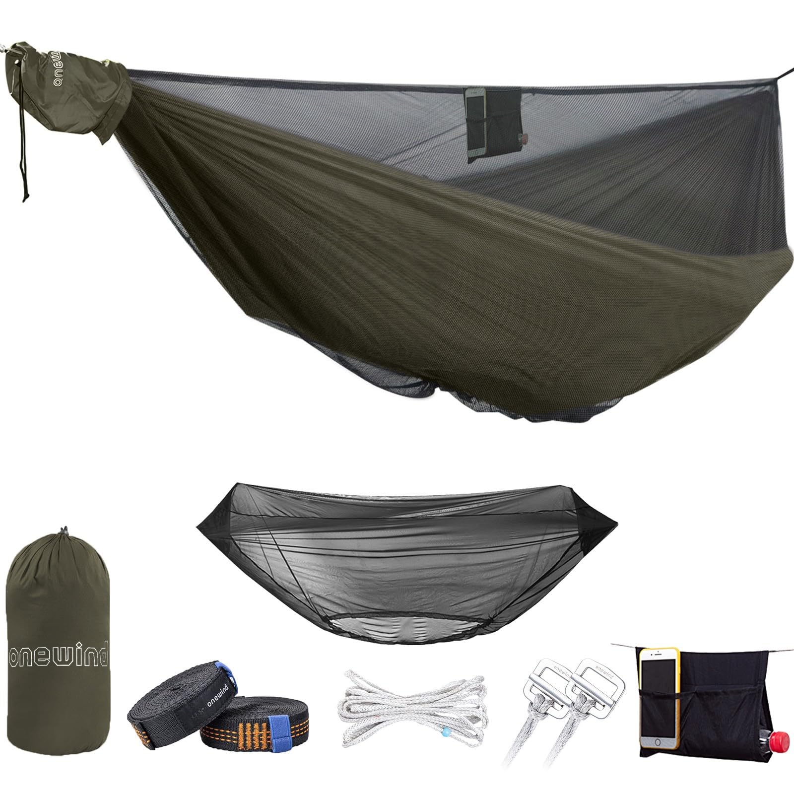 Onewind 11ft camping hammock with bugnet set up for outdoor lounging.