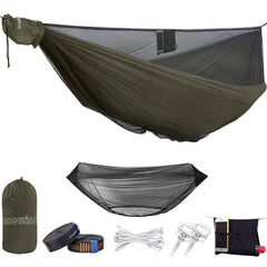 Onewind 11ft camping hammock with bugnet set up for outdoor lounging.