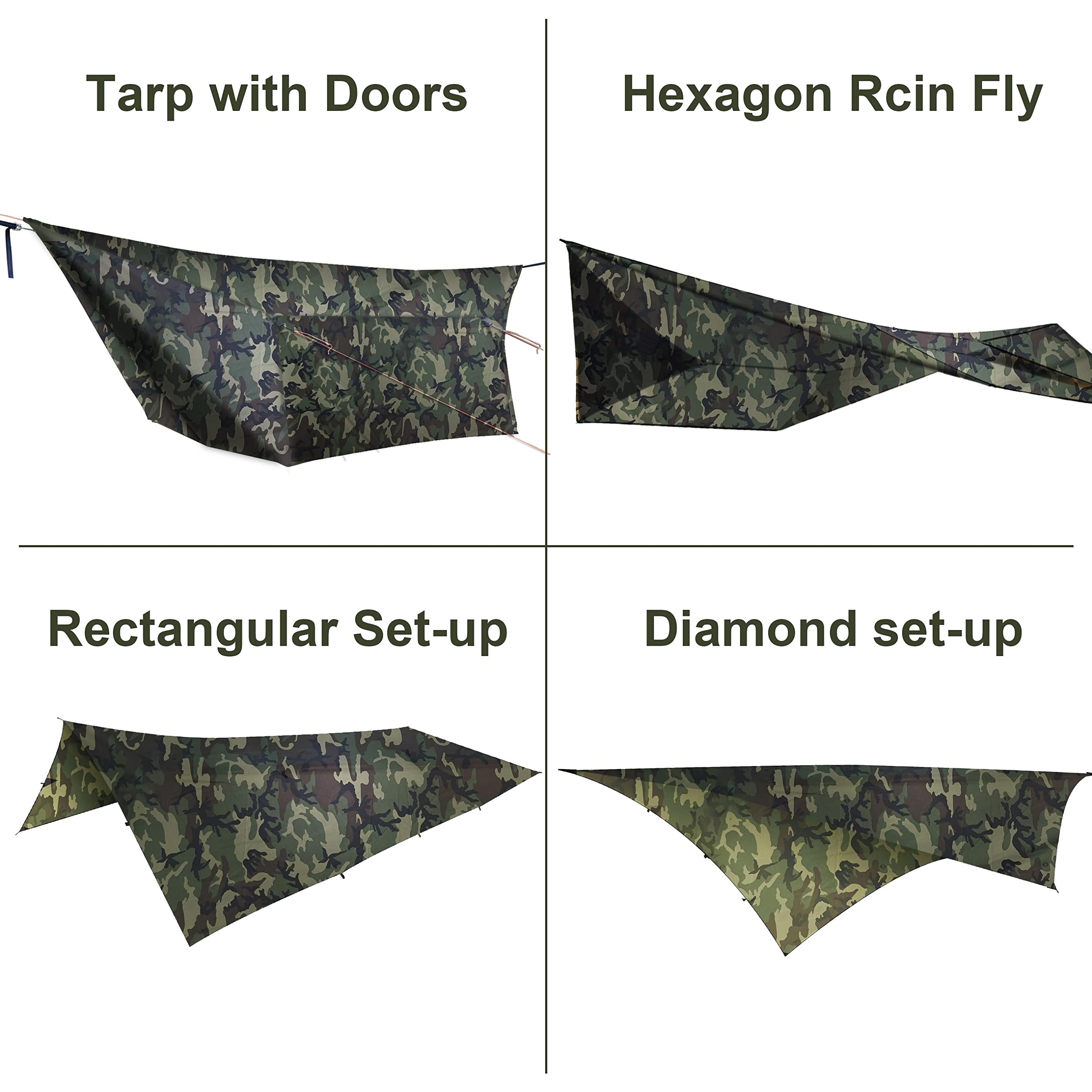 Onewind camo tarp setup with stakes demonstrates quick knotless installation